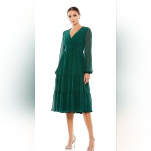 Ieena For Mac Duggal V Neck Tiered Midi Dress Sheer Sleeves 14 Emerald Green NWT